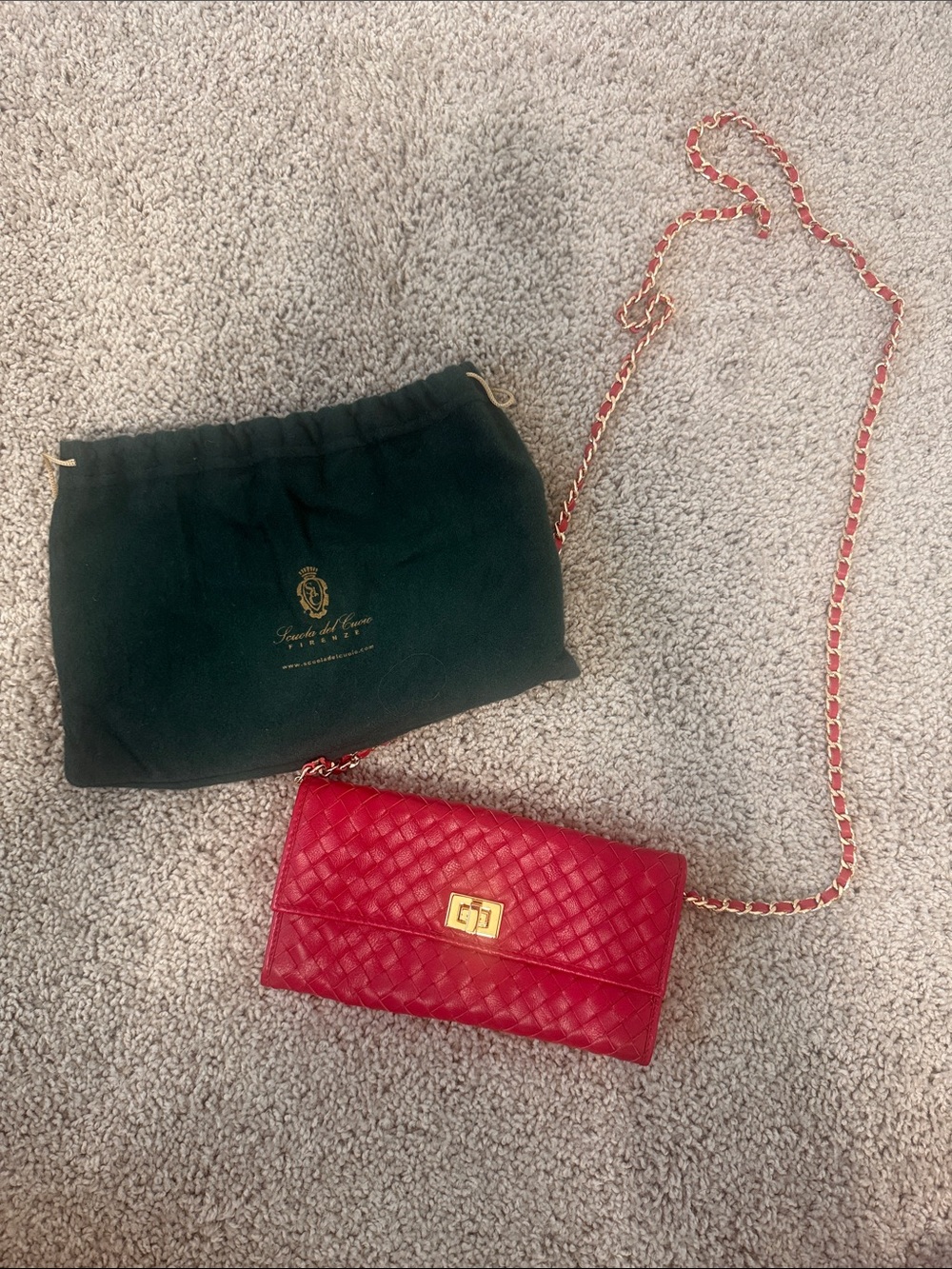 Red Woven Leather Crossbody Shoulder Bag with Gold Chain